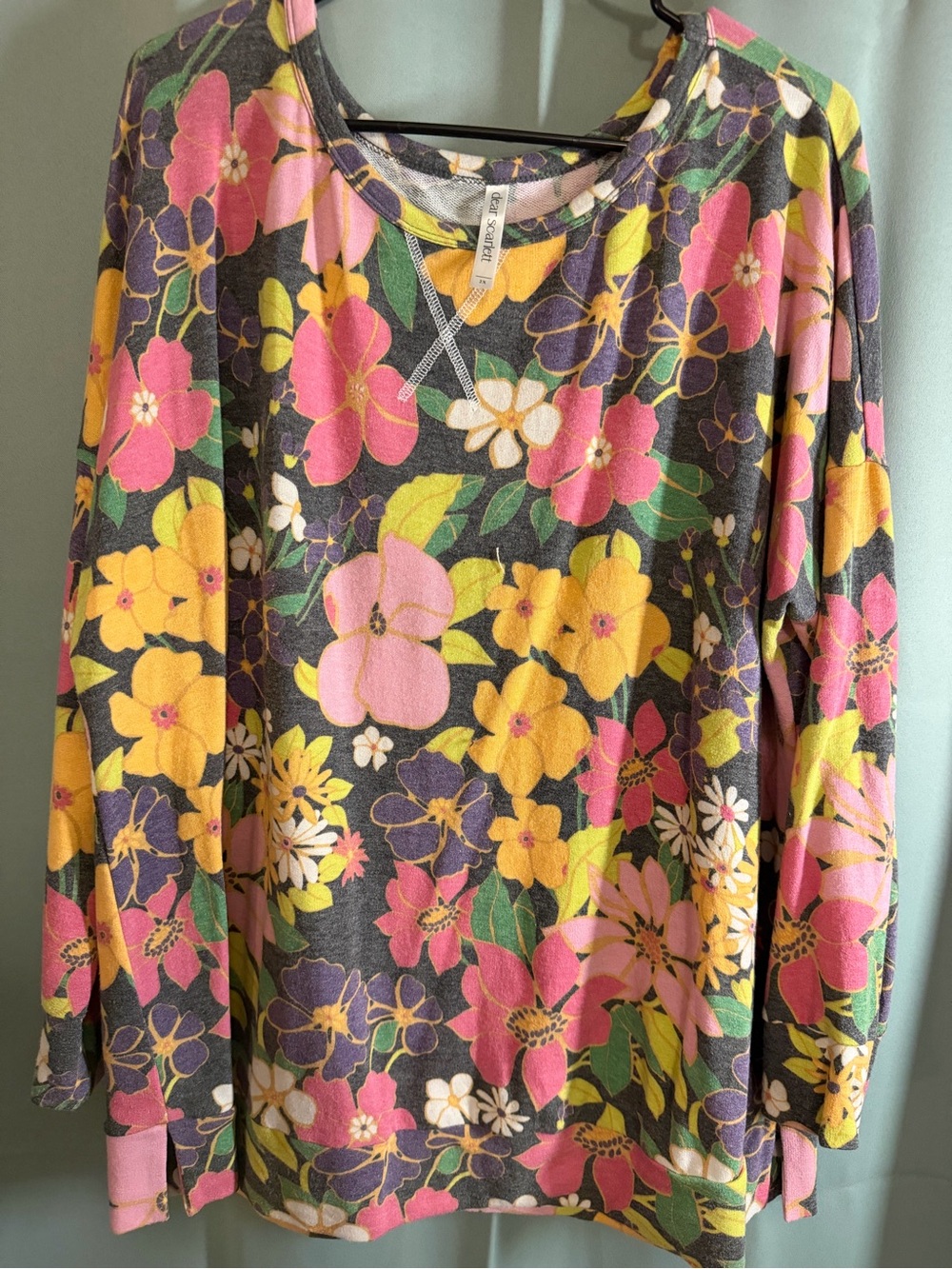 Floral Scoopneck Sweatshirt - Charcoal with Pink, Yellow & Purple Flowers